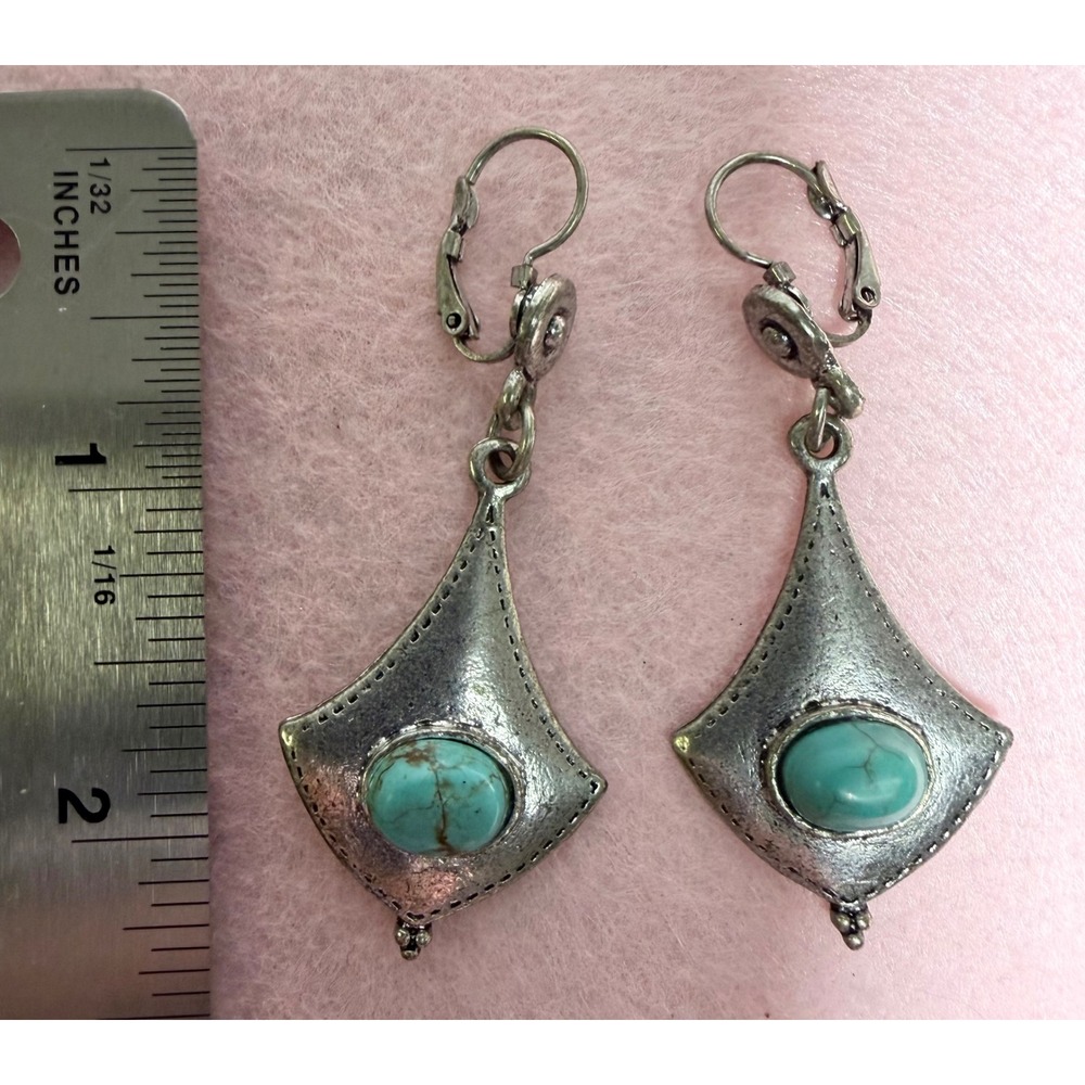 Vintage Silver Tone Turquoise Faux Stone Lever Back Drop Earrings Boho Western